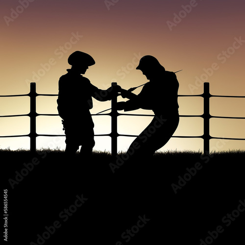 fencing, silhouette, vector, sport, fishing, woman, people, illustration, bow, rope, arrow, black, fisherman, sword, person, sports, rod, cartoon, weapon, fencing, archery, warrior, generative, ai