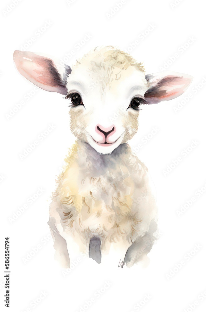 Cartoon watercolor illustration of a cute lamb on white background. Generative AI. Cartoon watercolor illustration of a cute lamb on white background. Generative AI.