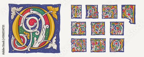 Numbers set 0 to 9 drop caps with interlaced white vine and gilding calligraphy elements. Renaissance initial emblems.