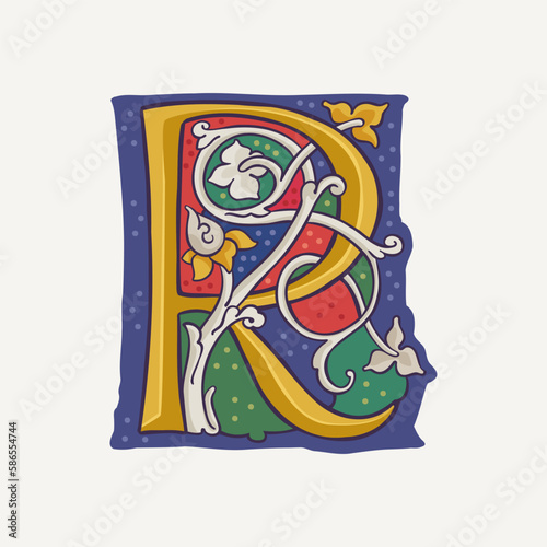 R letter drop cap logo with interlaced white vine and gilding calligraphy elements. Renaissance initial emblem.