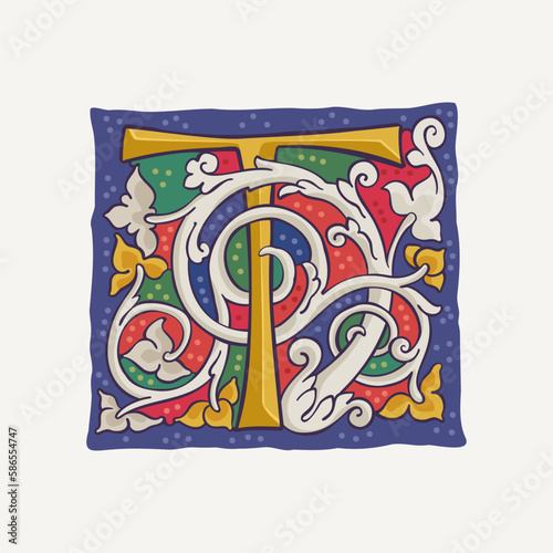 T letter drop cap logo with interlaced white vine and gilding calligraphy elements. Renaissance initial emblem.