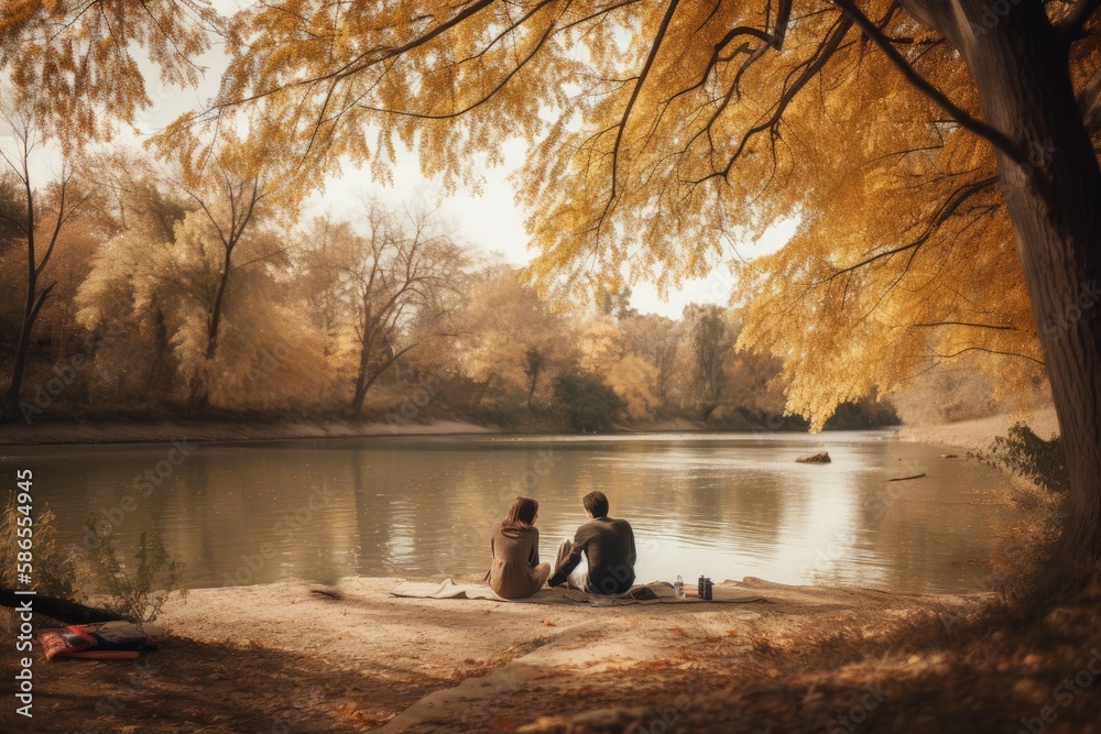 Landscape with couple having picnic, trees, park and lake. Generative AI