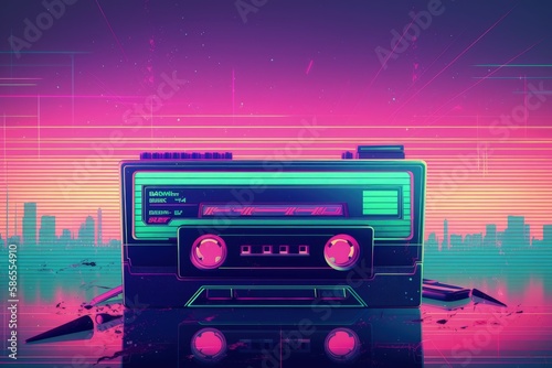 Old radio tape illustration, 80's style background, retro. Generative AI