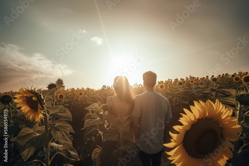 Landscape with couple back to back, sunflower field, sky and sun rays. Generative AI