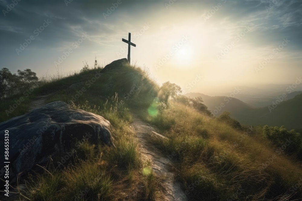 Obraz premium Landscape with cross on the hill, sun rays and clouds, Easter concept and crucifixion of Christ. Generative AI