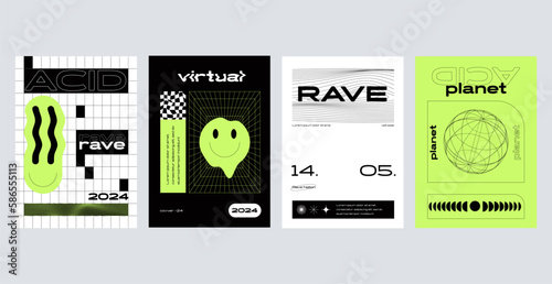 Set Of Cool Trendy Acid Rave Posters. Abstract trippy psychedelic smile. Vector illustration. photo