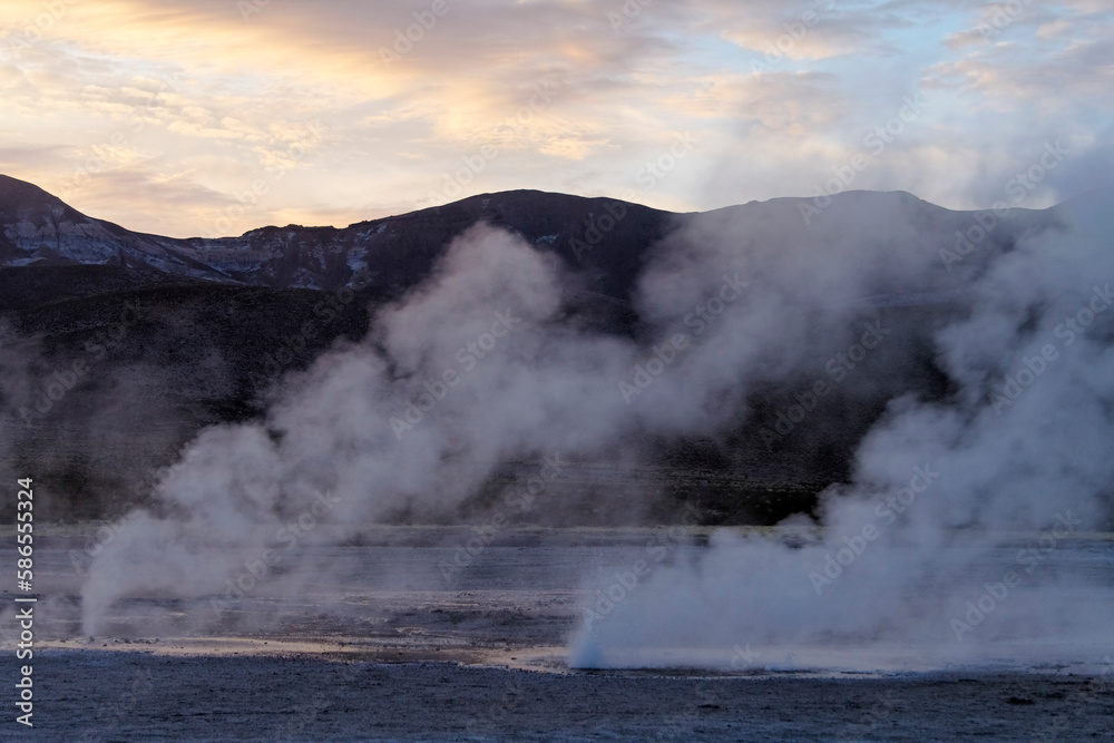 Hot springs of Banos de Puchuldiza in the Volcan Isluga National Park at sunrise, Geyser, Altiplano, Chile, South America