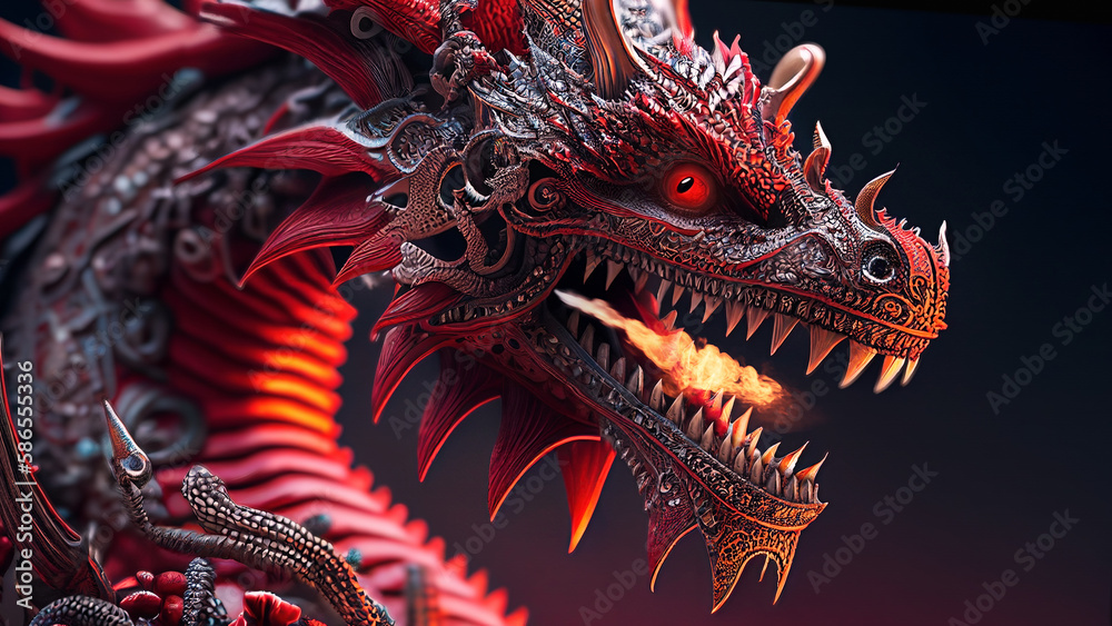 Japanese Red Dragon: Mythical, Dragon Breathes Fire, Oriental Folklore, Eastern Mythology, Traditional Japanese Background, 3D Wallpaper, Generative Ai.