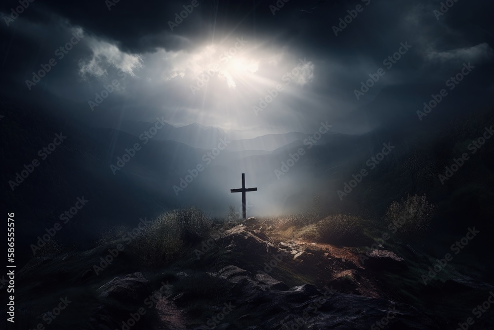 Landscape with cross on the hill, sun rays and clouds, Easter concept and crucifixion of Christ. Generative AI Landscape with cross on the hill, sun rays and clouds, Easter concept and crucifixion of Christ. Generative AI
