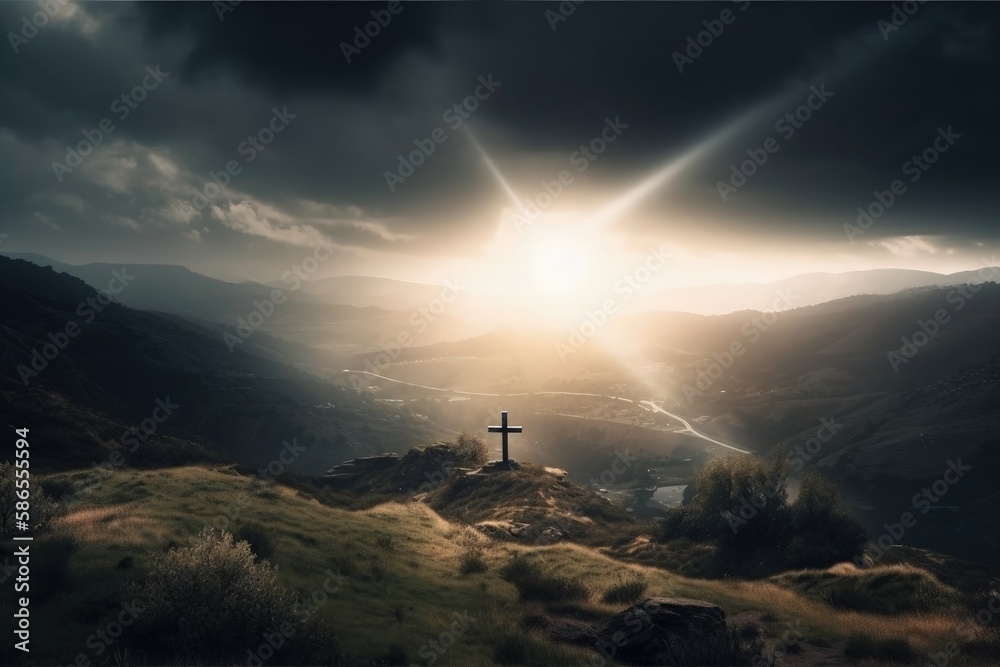 Landscape with cross on the hill, sun rays and clouds, Easter concept and crucifixion of Christ. Generative AI