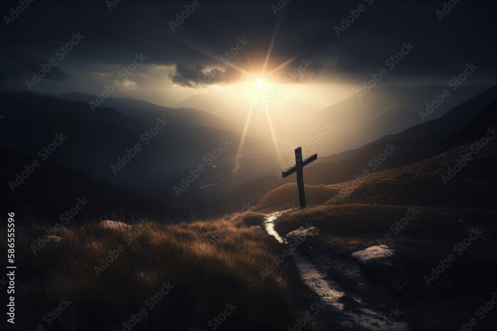 Landscape with cross on the hill, sun rays and clouds, Easter concept and crucifixion of Christ. Generative AI
