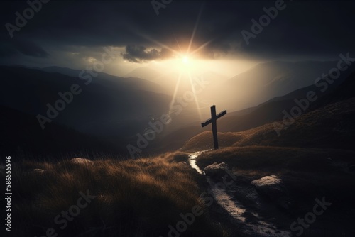 Landscape with cross on the hill, sun rays and clouds, Easter concept and crucifixion of Christ. Generative AI