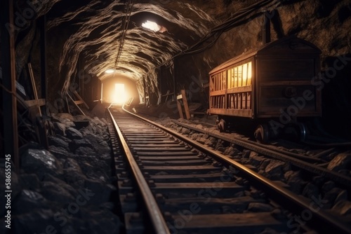 Abandoned mine illustration with trolley and rail, cryptocurrency mining concept. Generative AI