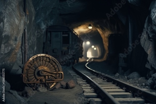 Abandoned mine illustration with trolley and rail, cryptocurrency mining concept. Generative AI