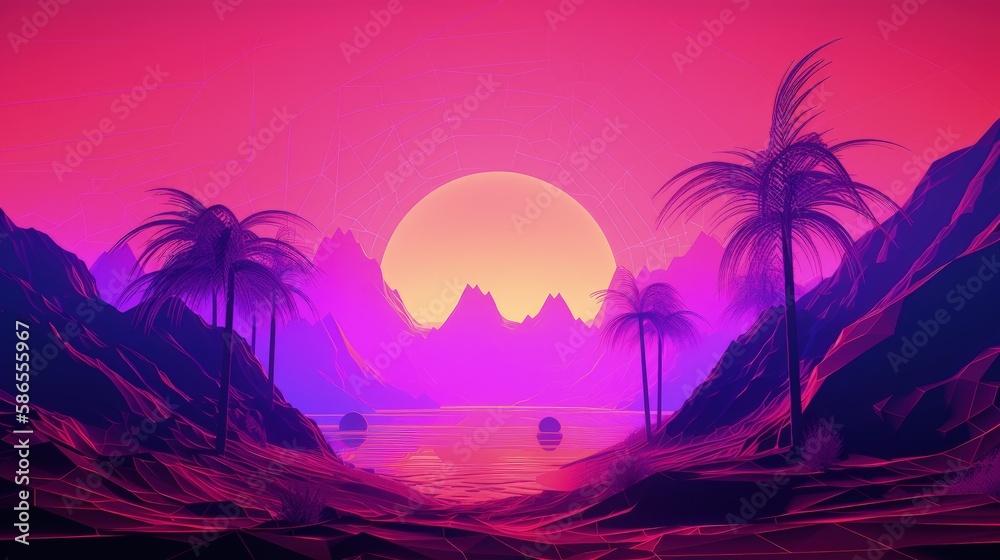 Landscape with sunset and canyons, retro 80s style, vaporwave. Generative AI