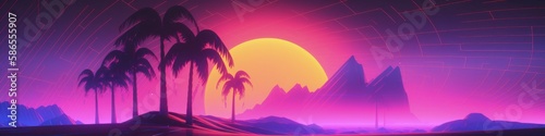 Landscape with sunset and canyons  retro 80s style  vaporwave. Generative AI