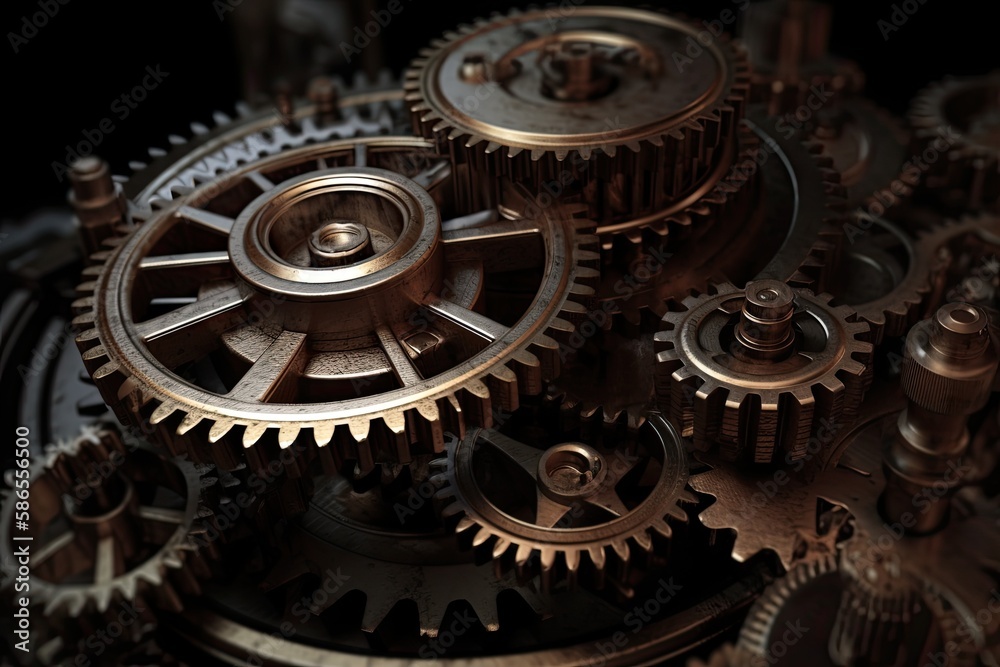 close-up view of interlocking gears in motion. Generative AI close-up view of interlocking gears in motion. Generative AI