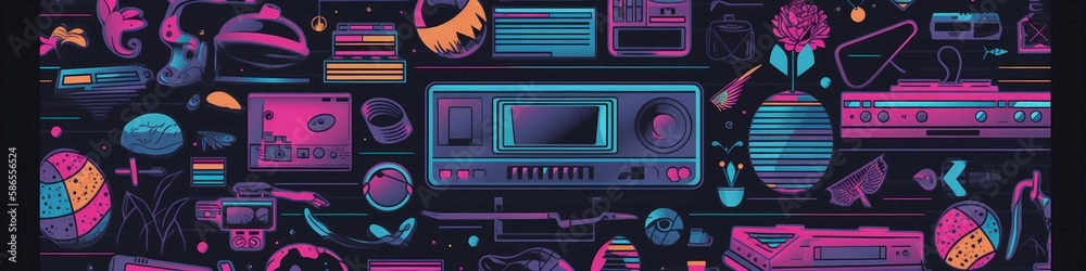 Background full of various old electronics from the 80s and 90s, retro. Generative AI Background full of various old electronics from the 80s and 90s, retro. Generative AI