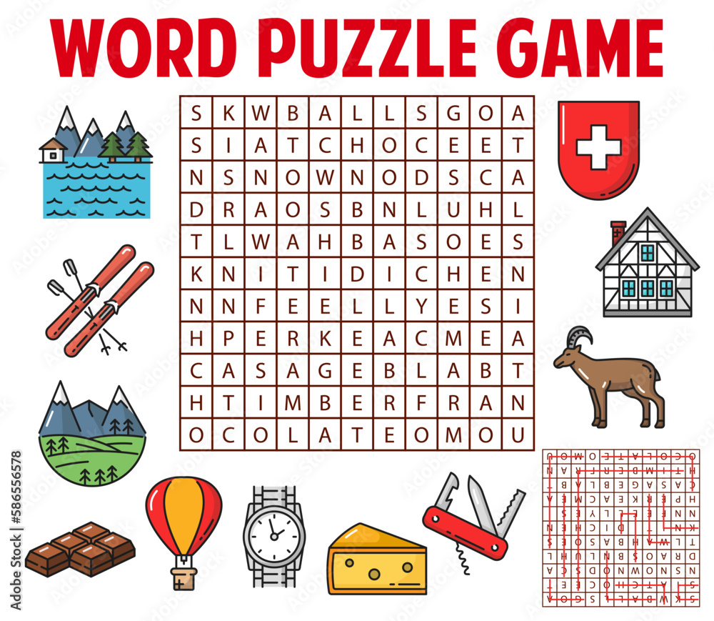 Switzerland and Swiss items. Word search puzzle game worksheet. Kids