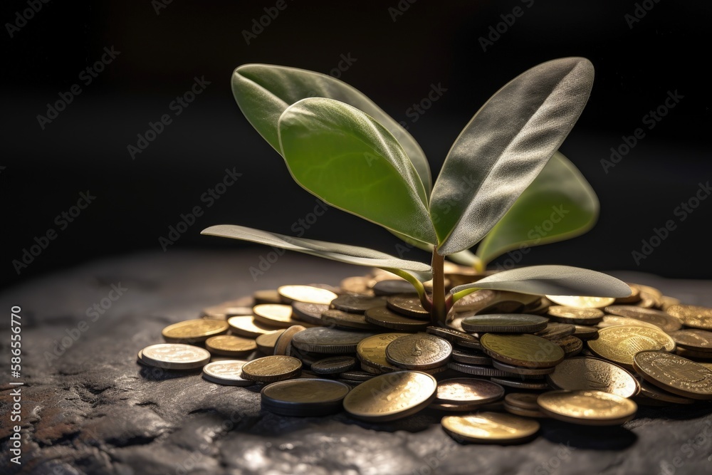 Plant and coins illustration. Generative AI Plant and coins illustration. Generative AI