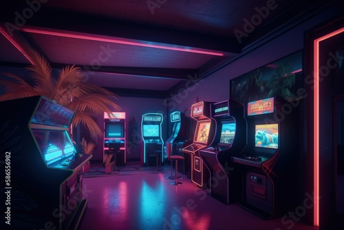Game room illustration with arcade, retro, vaporwave. Generative AI