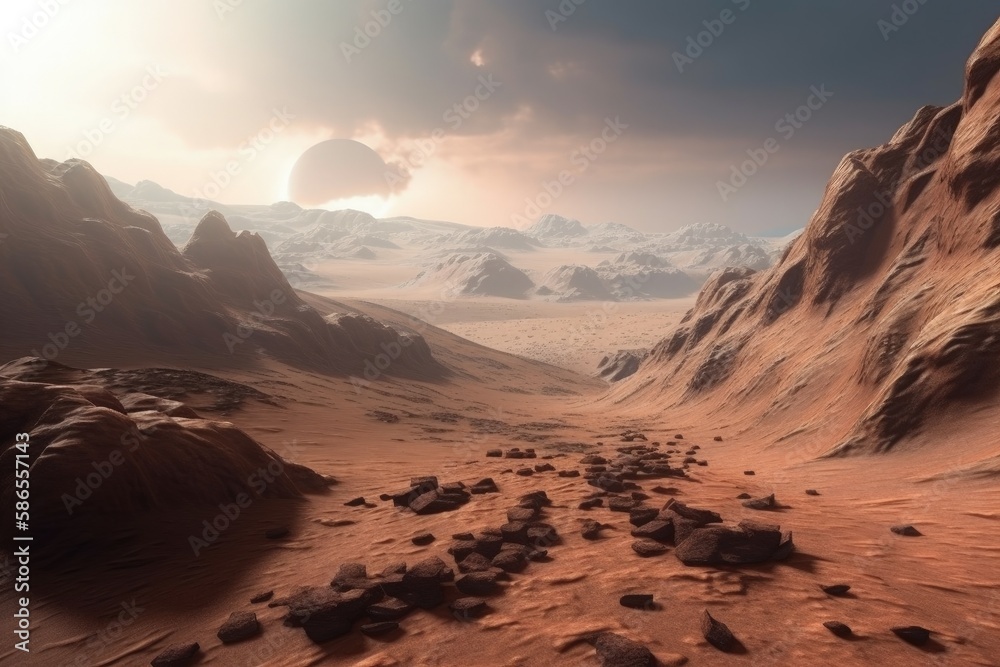 Naklejka premium Mars planet surface illustration, uninhabitable planet, science fiction concept. Generative AI