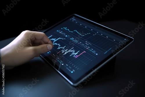 Tablet illustration with chart on screen, human hand, data analysis concept, dark blue background. Generative AI