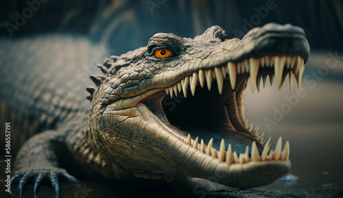 Closeup portrait of crocodile with open mouth  selective focus  generative AI.