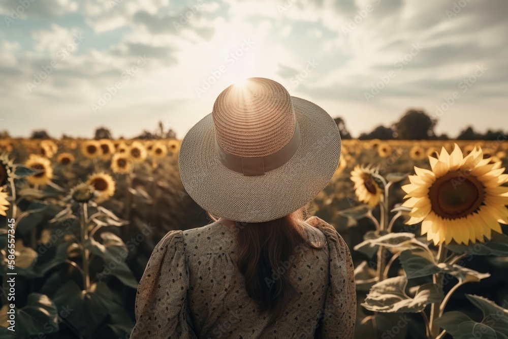 Landscape with woman with hat on her back, sunflower field and sky. Generative AI