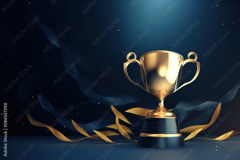 Golden trophy illustration on dark blue background. Generative AI