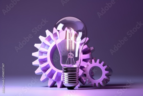 Illustration of light bulb and gears, lilac background, creativity concept. Generative AI