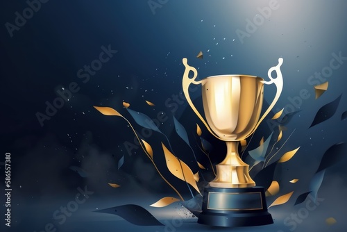 Golden trophy illustration on dark blue background. Generative AI
