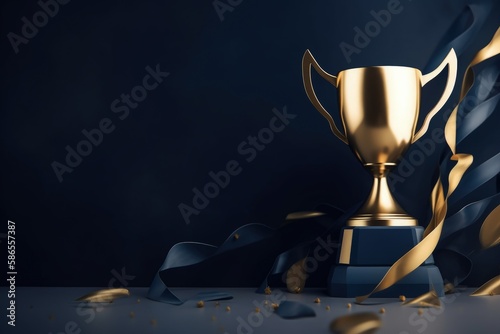 Golden trophy illustration on dark blue background. Generative AI photo