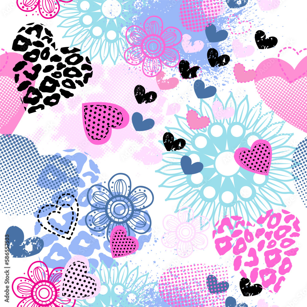 Abstract seamless pattern for girls. Creative vector background with hearts, dots, waves, flowers in pink, blue and white colors. Funny wallpaper for textile and fabric. Fashion style.t-shirt