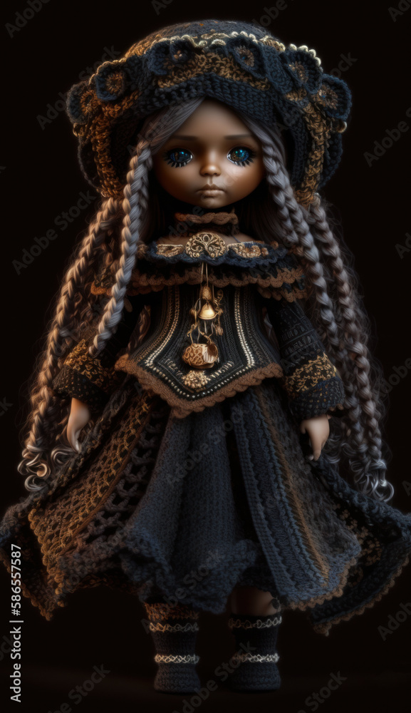 Exclusive and collectible girl doll in a beautiful and fashionable outfit made of yarn. Toy for children, decorative baby doll with big eyes. Created with AI.