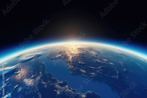 The stunning curvature of Earth s blue horizon against the darkness of space  highlighting the planet s inherent interconnectedness and preciousness. Generative AI