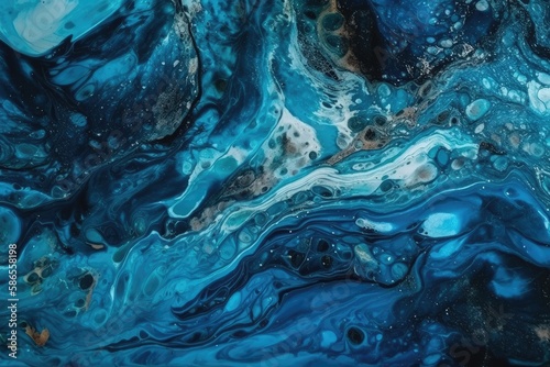 close-up view of an abstract blue and black fluid painting. Generative AI