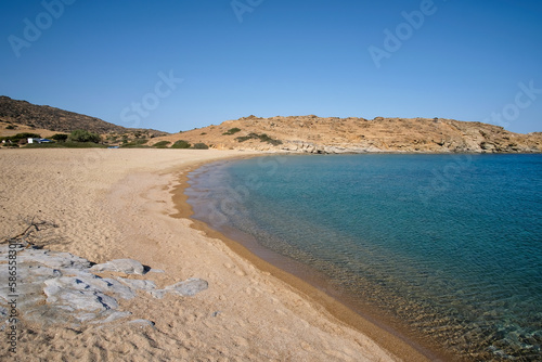 Panoramic view of the wonderful turquoise sandy beach of Plakes in Ios Greece