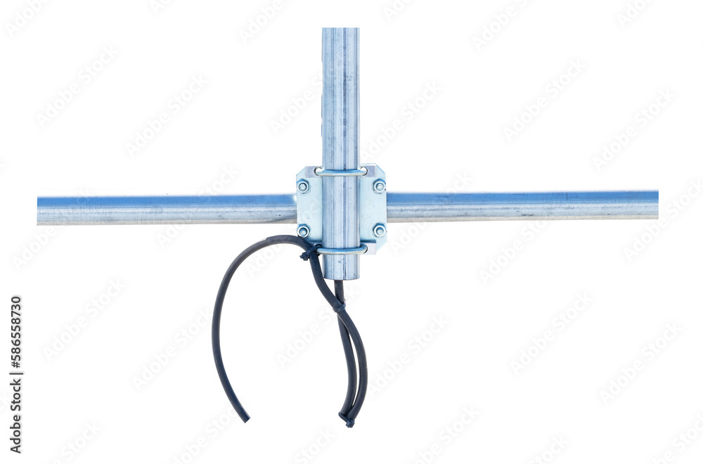 Nuts clamp aluminum cable duct electric wire small like cross isolated on cut out PNG. Fixing screws electric pole for to help pull, support from falling in wind. Concept nuts safety fastening. - obrazy, fototapety, plakaty 