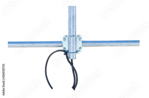 Nuts clamp aluminum cable duct electric wire small like cross isolated on cut out PNG. Fixing screws electric pole for to help pull, support from falling in wind. Concept nuts safety fastening.