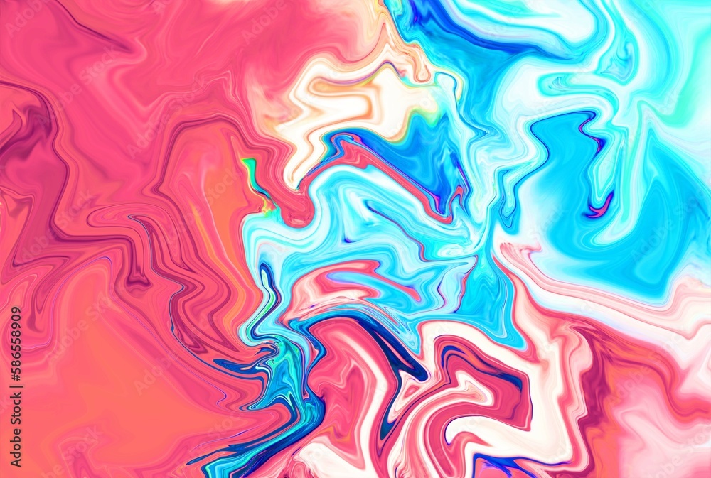 Hand Painted Background With Mixed Liquid Blue And Pink Color Paints. Abstract Fluid Acrylic Painting. Marbled Blue Pink  Abstract Background. Liquid neon Pattern.