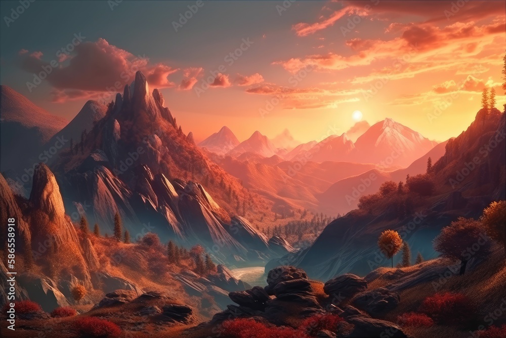 majestic mountain landscape during sunset. Generative AI