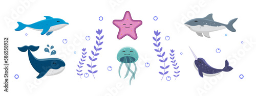 Set of sea animals. Vector. Isolated on white background. Childlike style. Cute. Color.