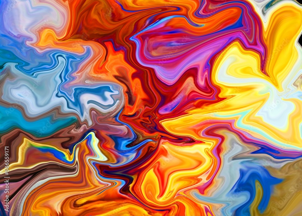 Hand Painted Background With Mixed Liquid Orange Blue Paints. Abstract Fluid Acrylic Painting. Marbled Colorful Abstract Background. Liquid Marble Pattern.
