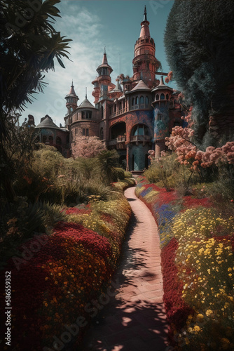 Psychedelic garden and a beautiful castle. Concept Art, Generative AI