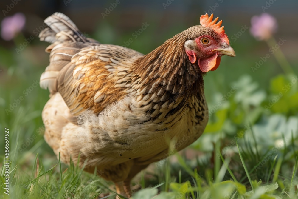 Fototapeta premium brown and white chicken standing in a green field. Generative AI