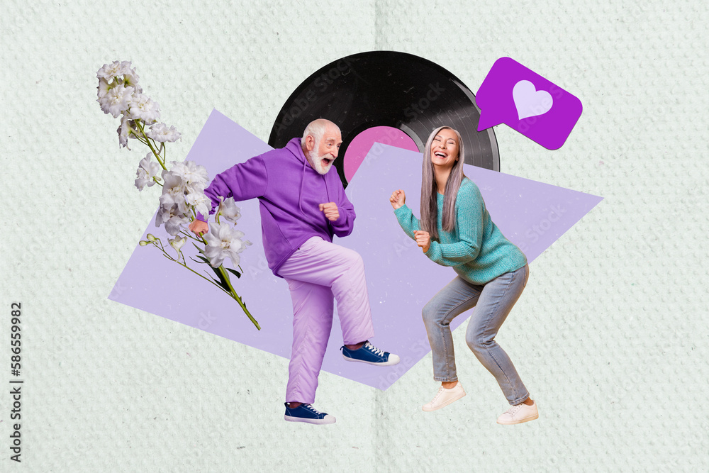 Fototapeta premium Collage 3d pinup pop retro sketch image of funny mature couple dancing having fun isolated painting background
