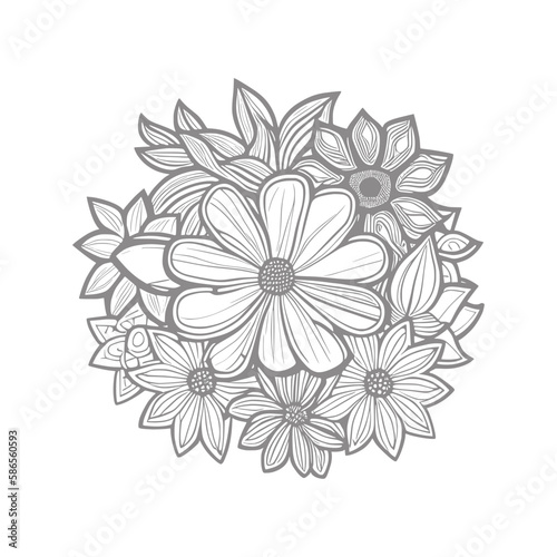 Line art drawn Flowers bouquet. Line art for adult coloring book style. Vector illustration for coloring page.