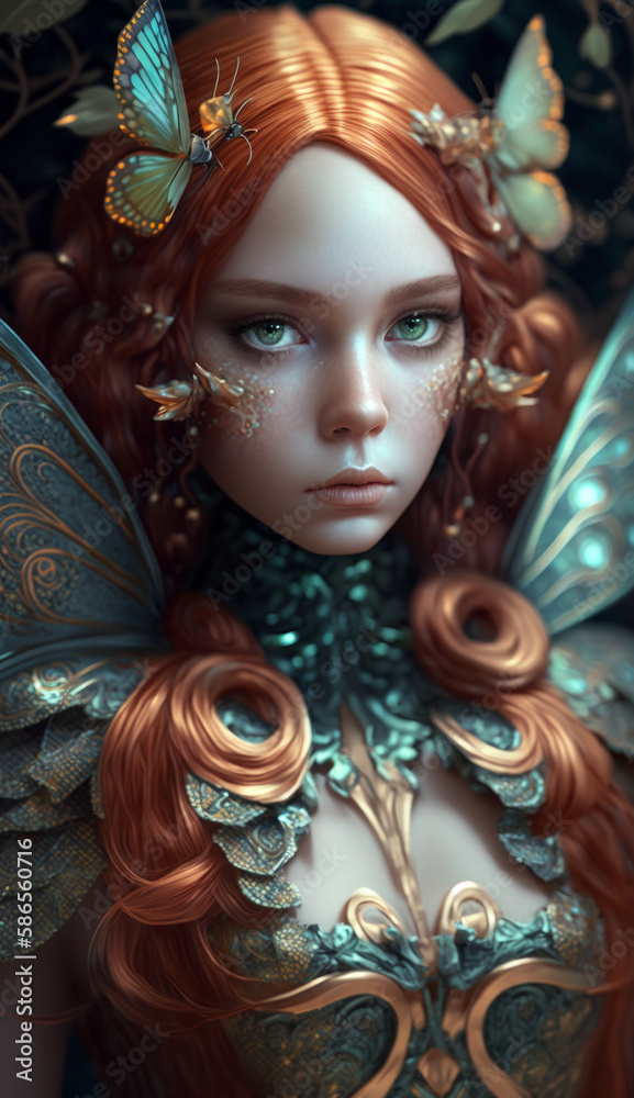Artistic portrait of a young and beautiful girl dressed as a butterfly, doll with decorations in vintage style with butterflies, moths. Created using generative AI.