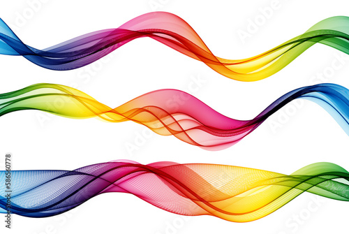 Three iridescent transparent horizontal beautiful waves on a white background, design element